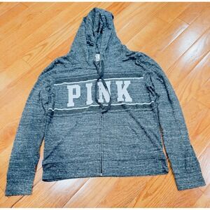 PINK Victoria's Secret Gray Marled‎ Full Zip Hoodie Top Size Large Spellout